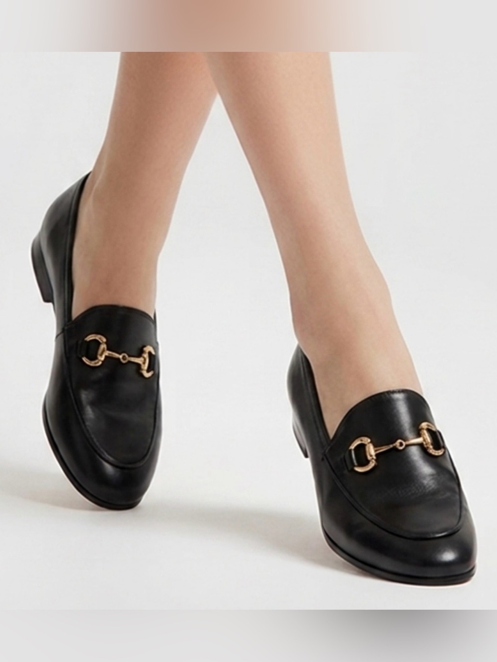 Black Leather Slip-On Loafers with Gold Bit Accent